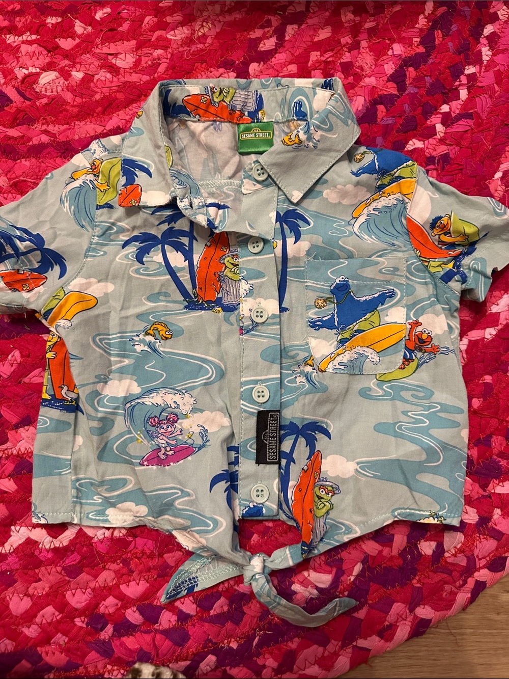 Sesame Street toddler girl 2T Light Blue Surf-Print Tie Front Shirt